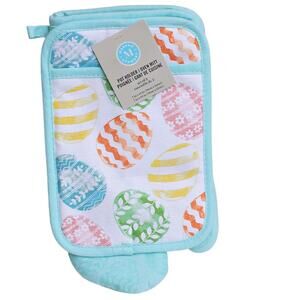 Martha Stewart Festive Potholder & Oven Mitt Set Cotton Pastel Easter Eggs Aqua